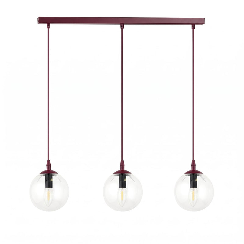 Suspension Cosmo 3 lumières bordeaux, verre transparent, H 14 cm