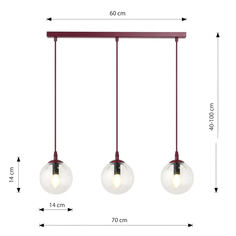 Schéma de dimensions suspension largeur 60 cm hauteur réglable 40 à 100 cm globes 14 cm