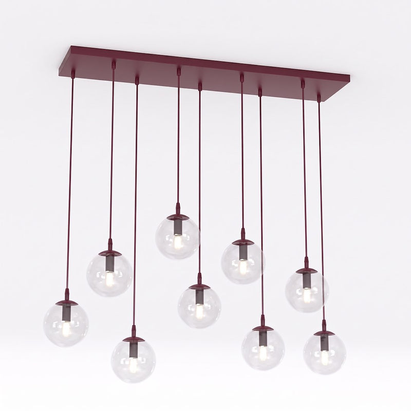 Suspension Cosmo 9 lumières bordeaux, verre transparent