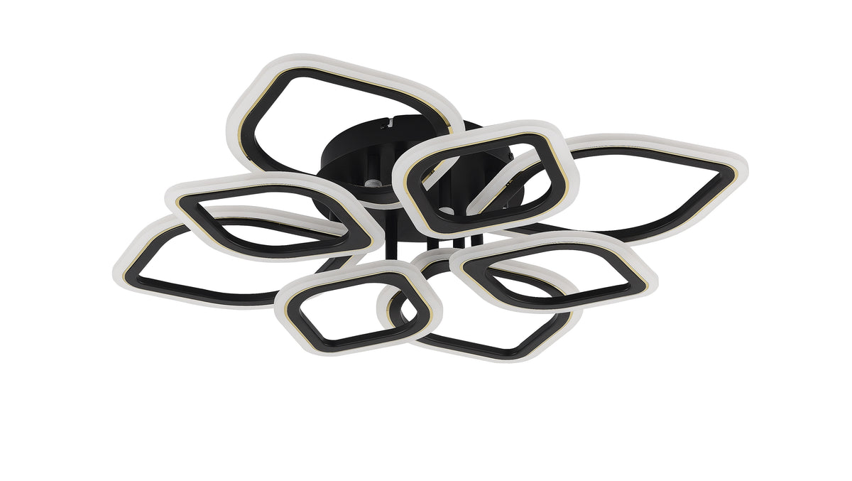 Plafonnier LED noir et doré vu de face, huit boucles en pétales rayonnant autour du centre