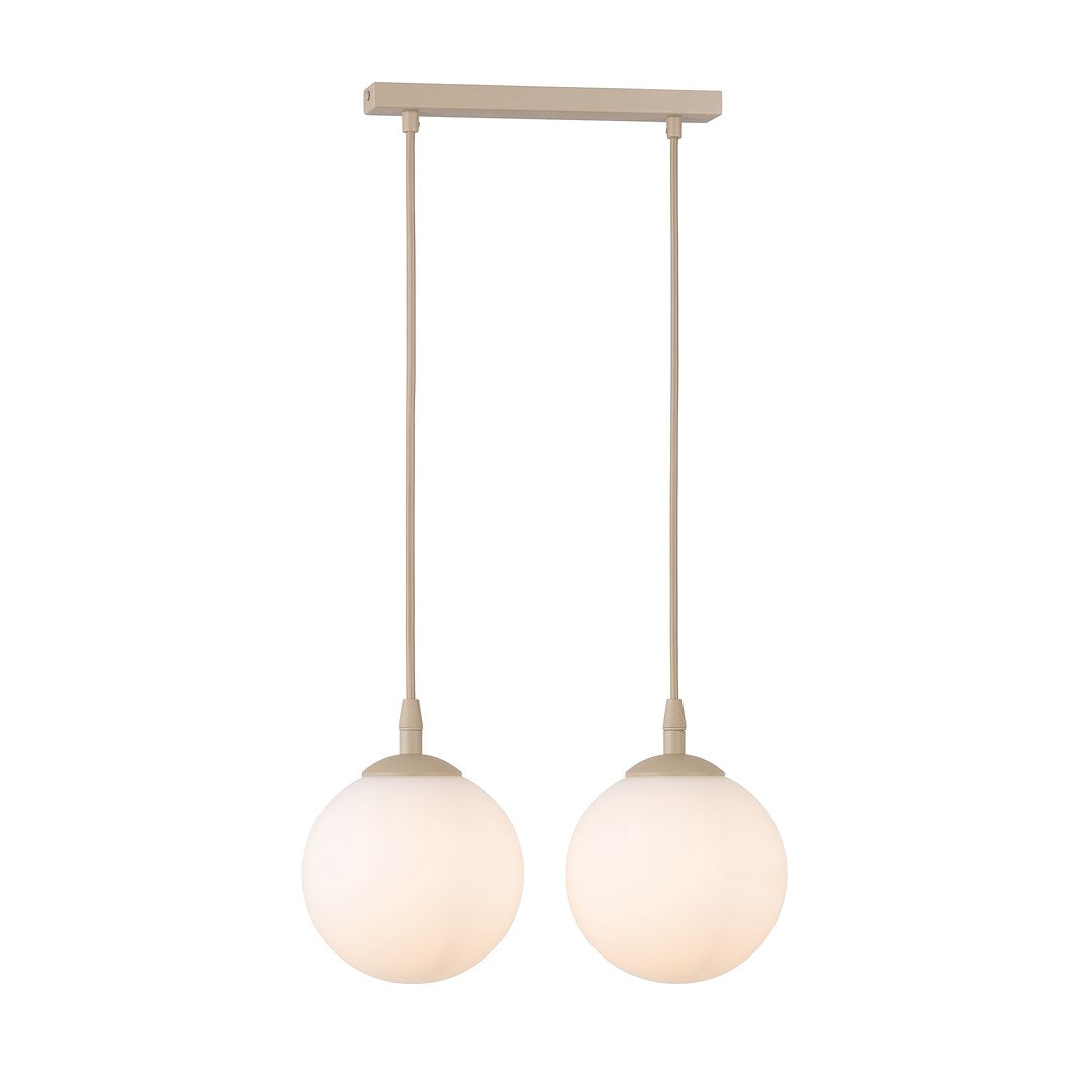 Suspension deux sphères en verre opale blanc et structure métallique beige, vue de face