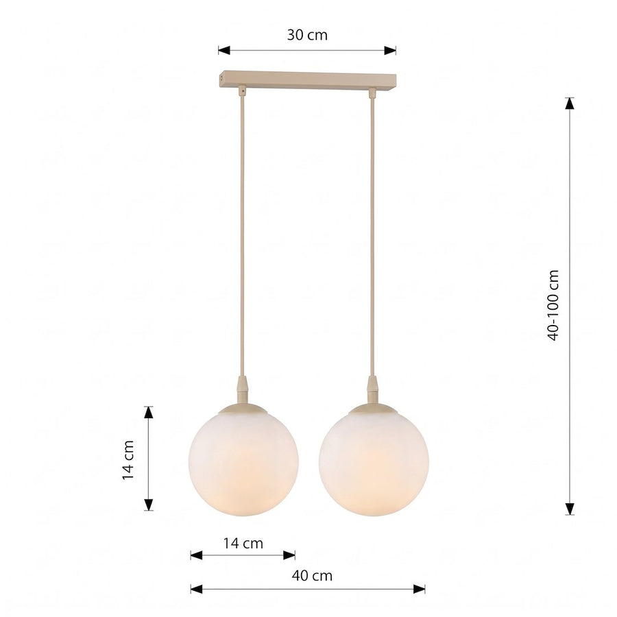 Schéma de dimensions cotées, hauteur réglable et entraxe des deux globes