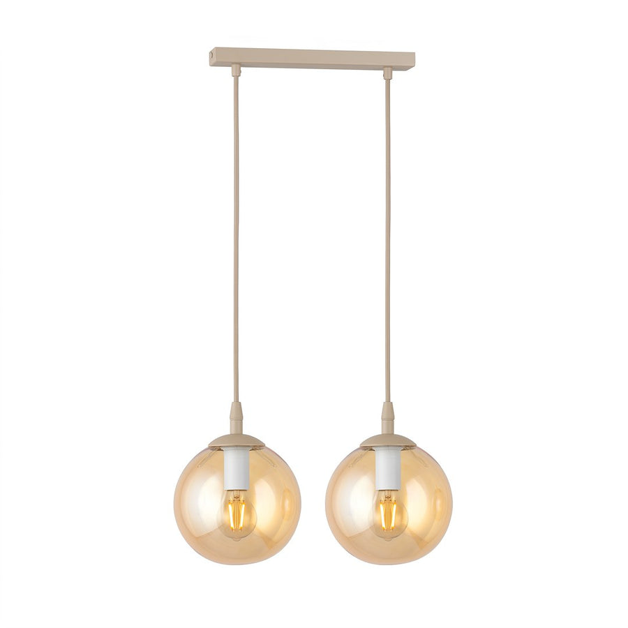 Suspension double à globes de verre ambré, finition beige, vue de face sur fond blanc.