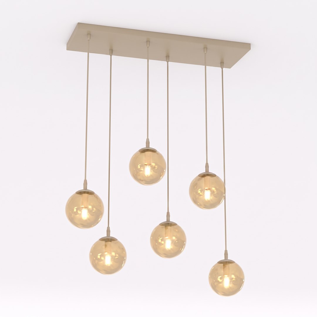 Suspension beige à six globes de verre ambré, vue de face sur fond blanc