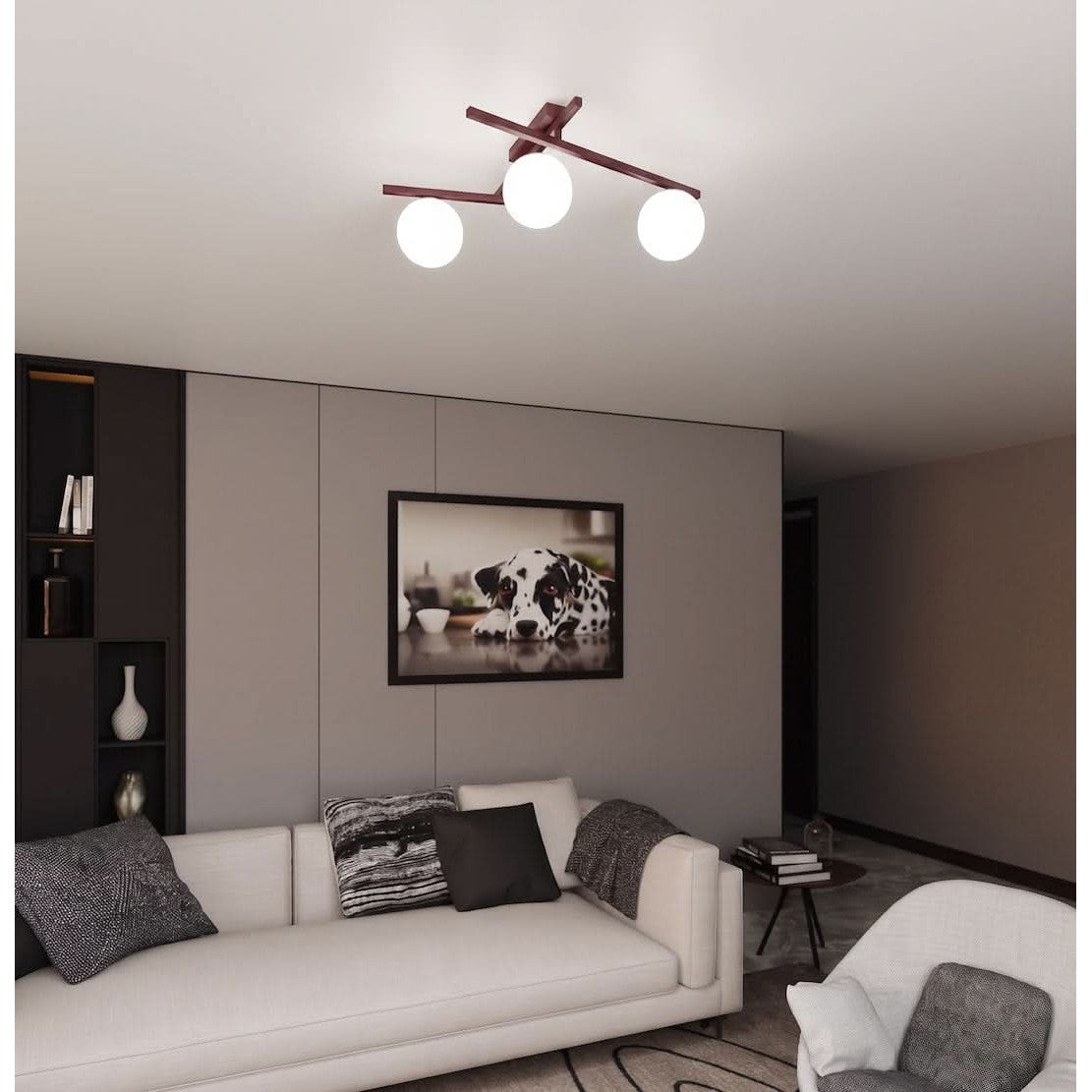 Mise en ambiance dans un salon moderne avec canapé beige et meuble sombre