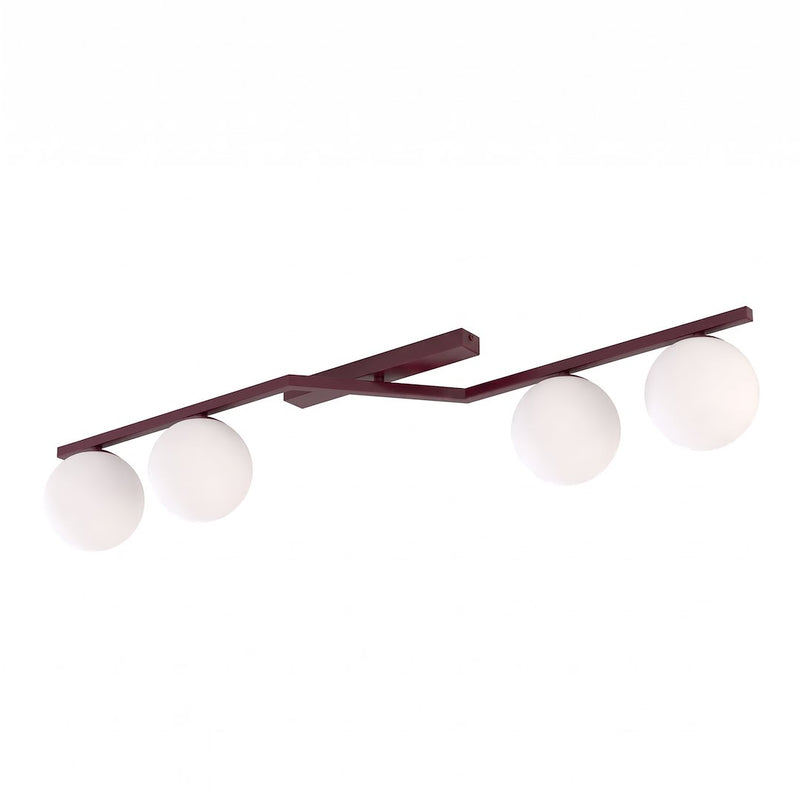 Plafonnier Naton 4 lumières bordeaux, verre blanc