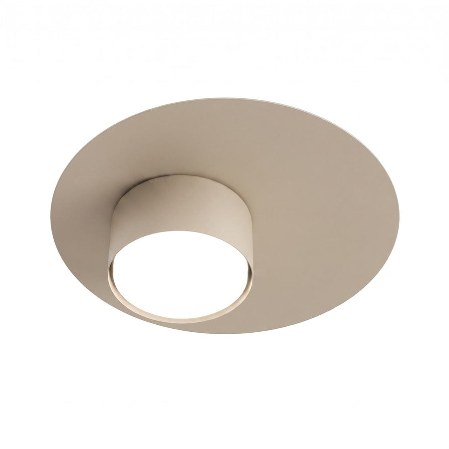 Plafonnier beige de face, disque rond avec cylindre central et diffuseur lumineux