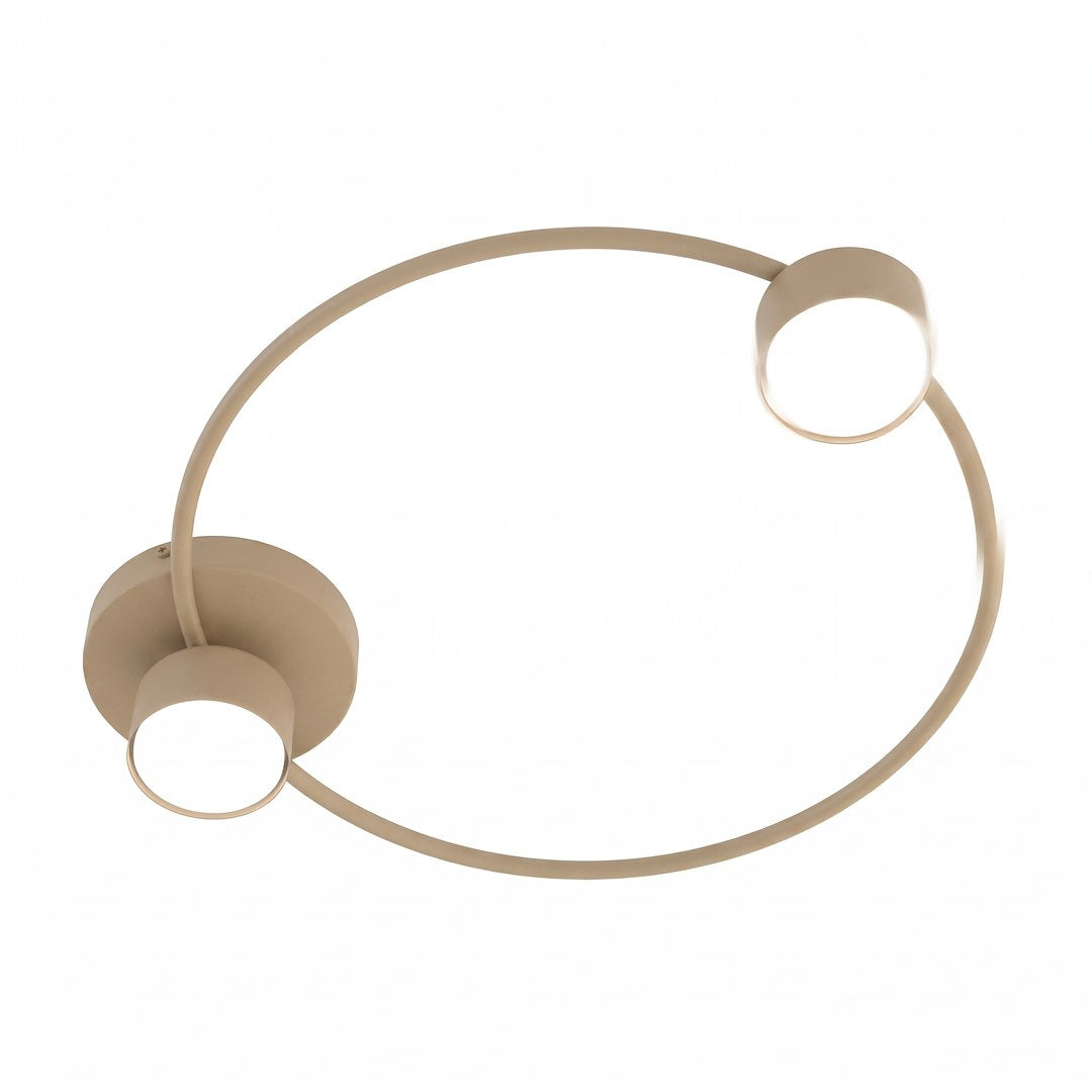 Plafonnier beige vu de face, anneau circulaire et deux diffuseurs cylindriques