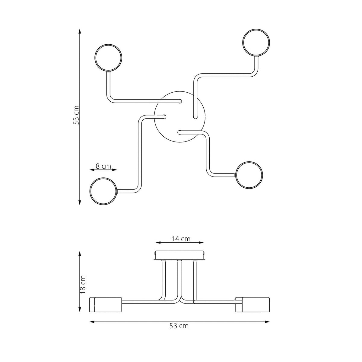 Schéma coté vue de dessus et de profil, dimensions 53 cm et 18 cm