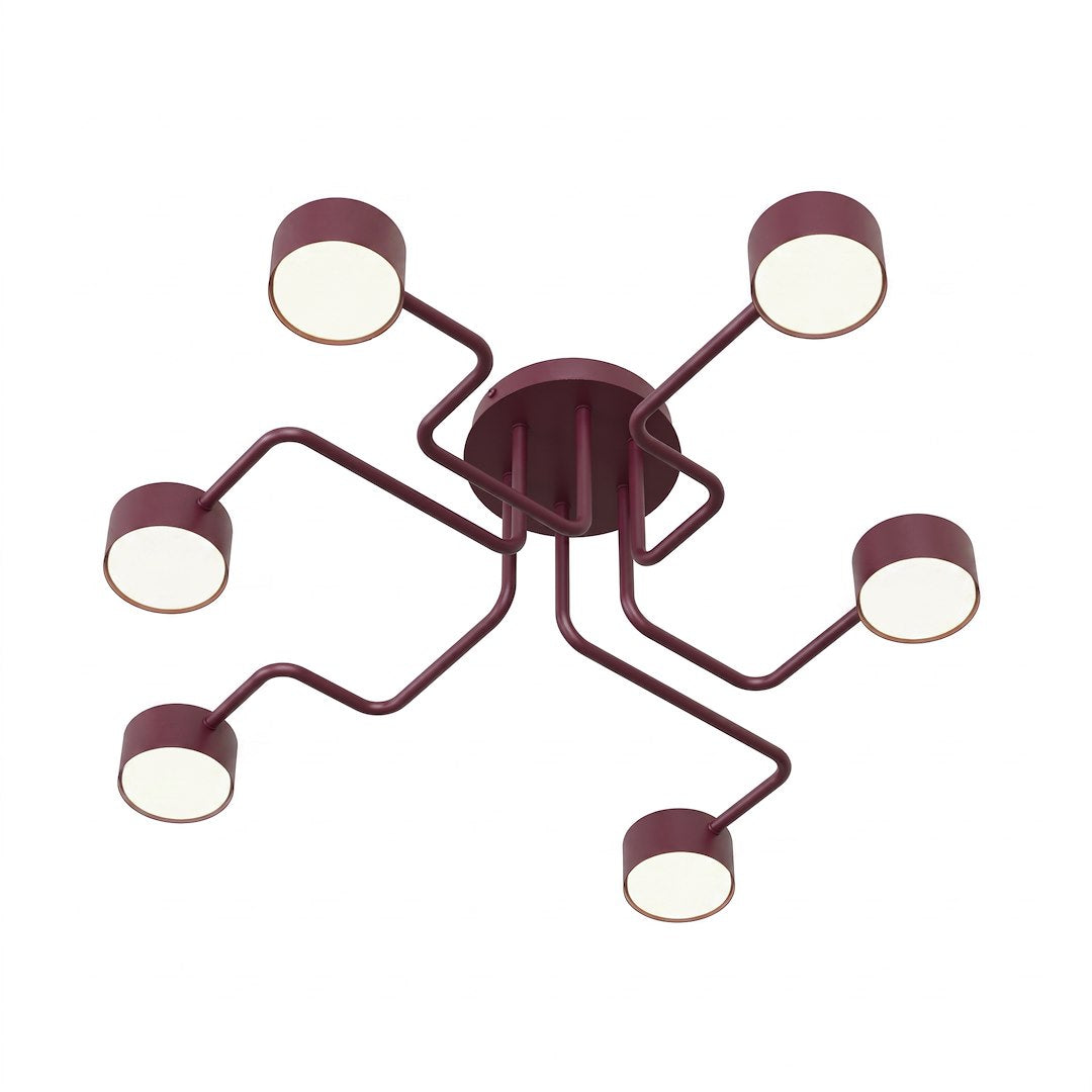 Plafonnier six lumières bordeaux présenté de face sur fond blanc neutre