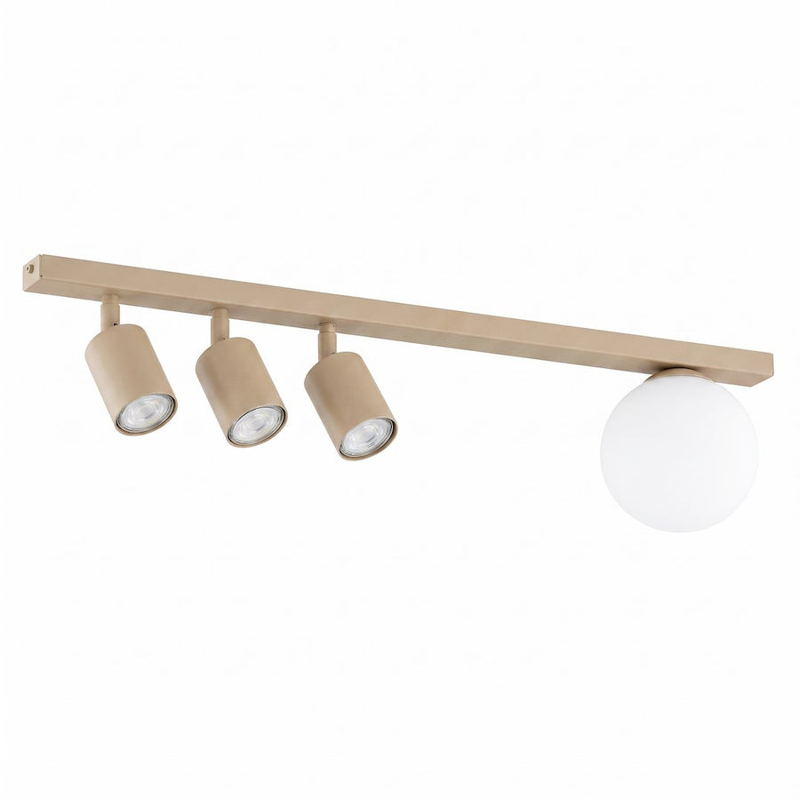 Plafonnier beige à barre, trois spots cylindriques orientables et sphère en verre blanc