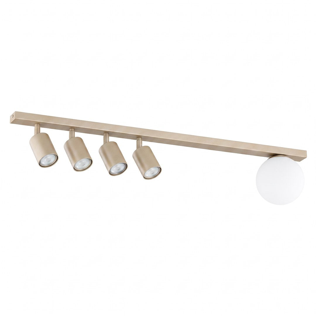 Produit seul sur fond blanc, barre beige, quatre spots et globe en verre opalin