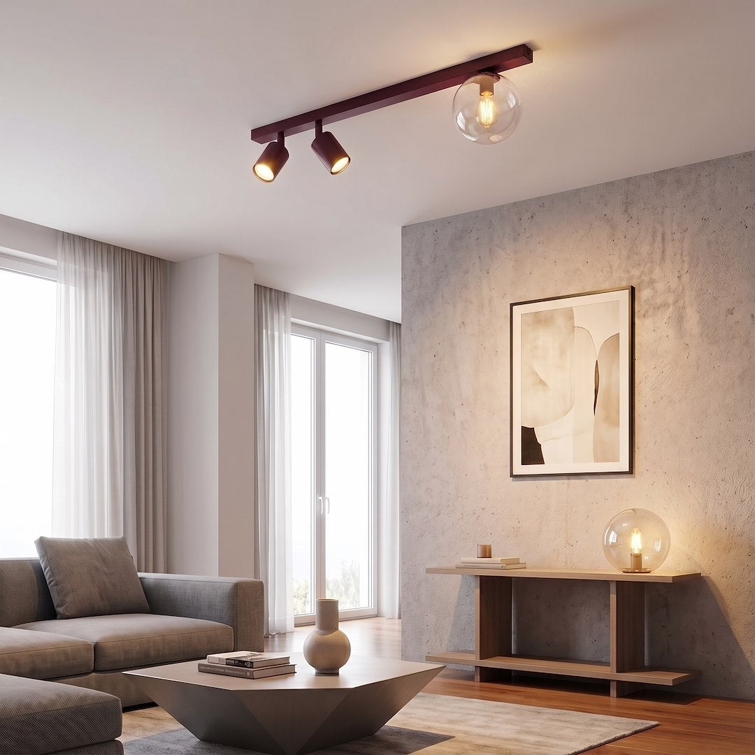 Mise en ambiance du plafonnier dans un salon moderne aux murs gris