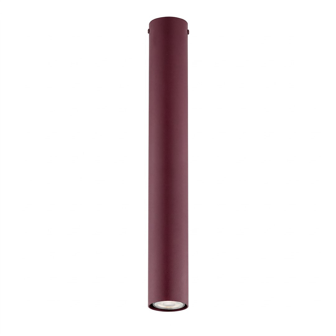 Vue de face du luminaire cylindrique bordeaux sur fond blanc, éclairage vers le bas