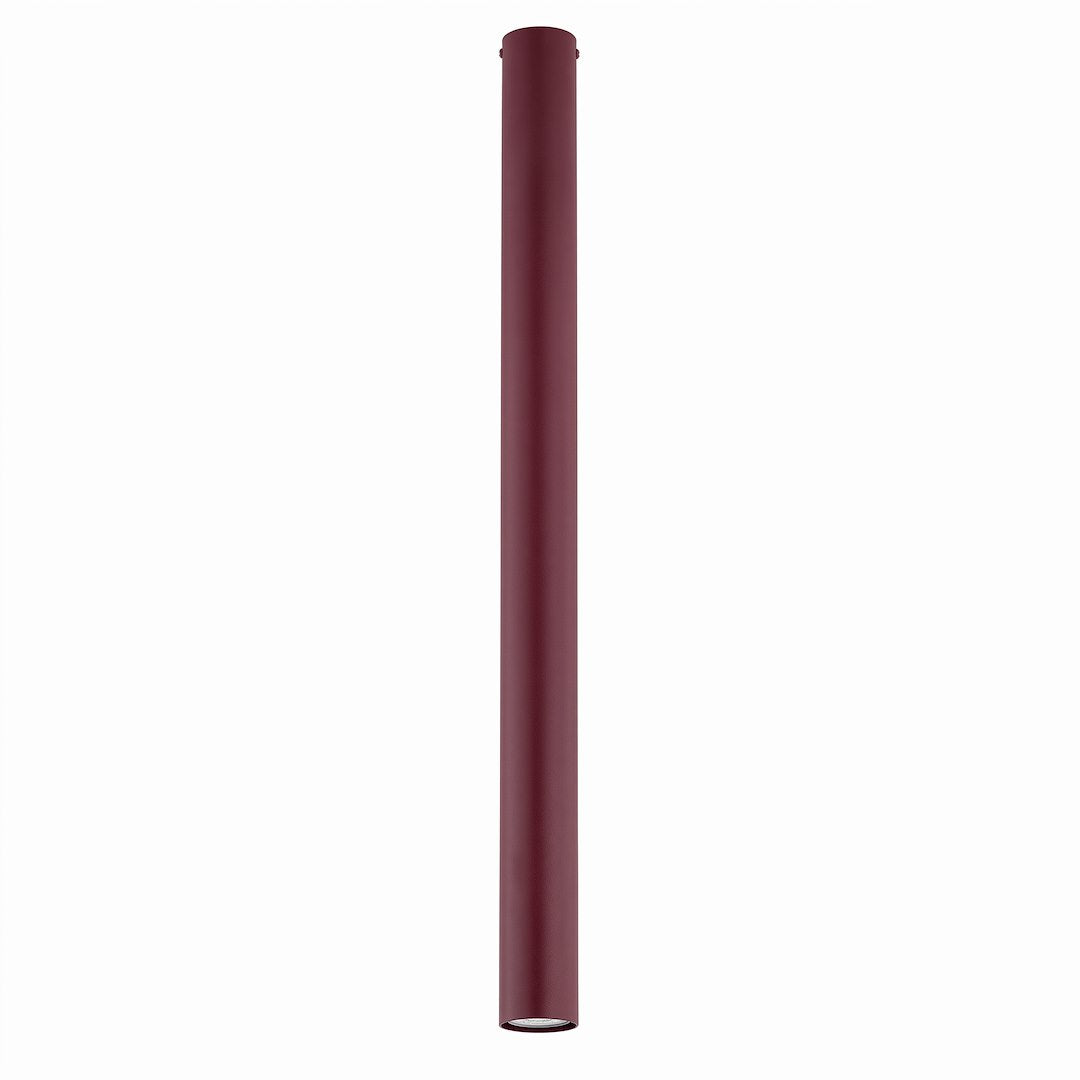 Tube cylindrique bordeaux fixé au plafond, vu de face sur fond blanc