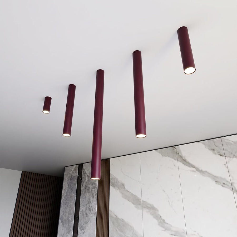 Vue en contre-plongée de cinq tubes bordeaux de tailles variées