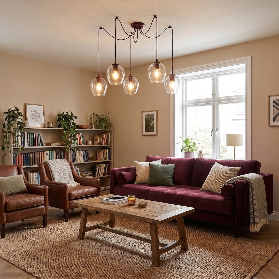 Mise en ambiance dans un salon beige, canapé bordeaux et suspension allumée au plafond