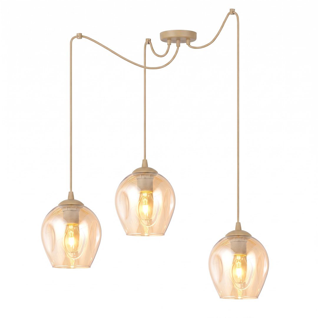 Suspension trois lumières, verre ambré et câbles beige, vue de face sur fond blanc