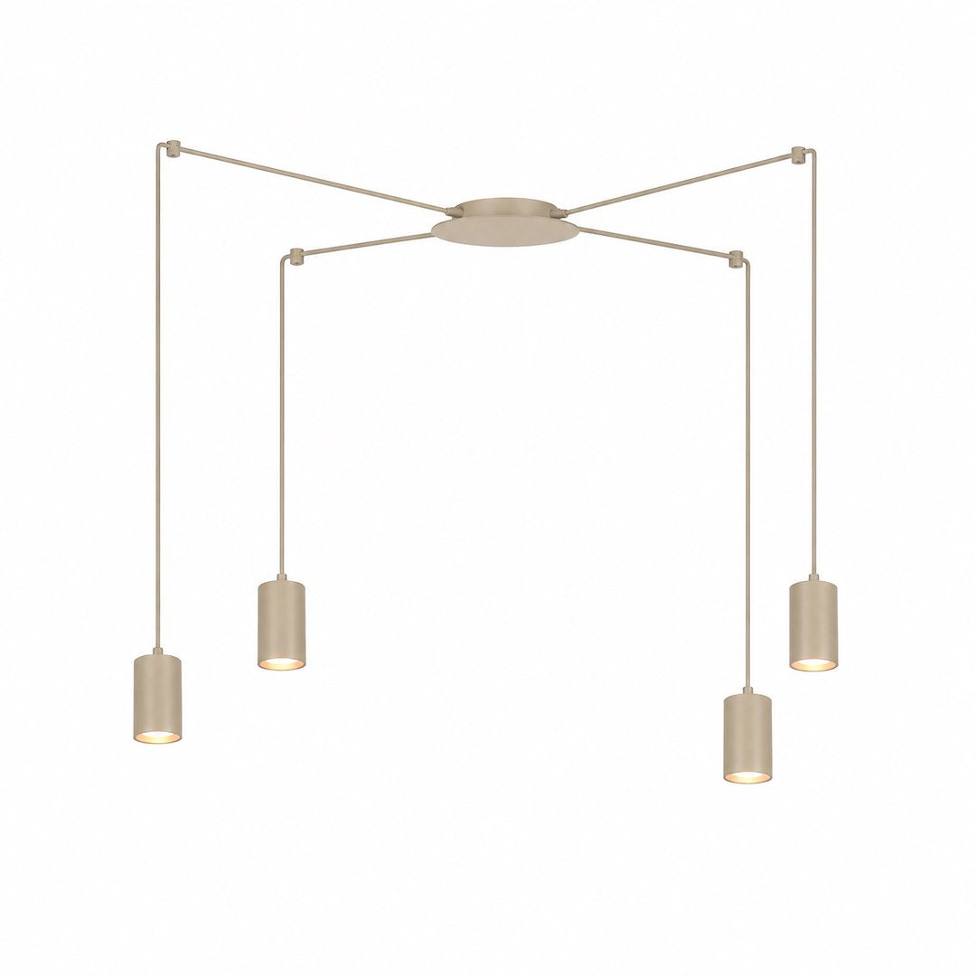 Suspension beige à quatre cylindres suspendus par câbles, vue de face sur fond blanc.