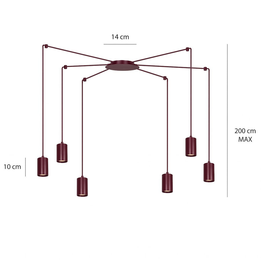 Schéma coté de la suspension, diamètre 14 cm, hauteur 200 cm maximum et 10 cm.
