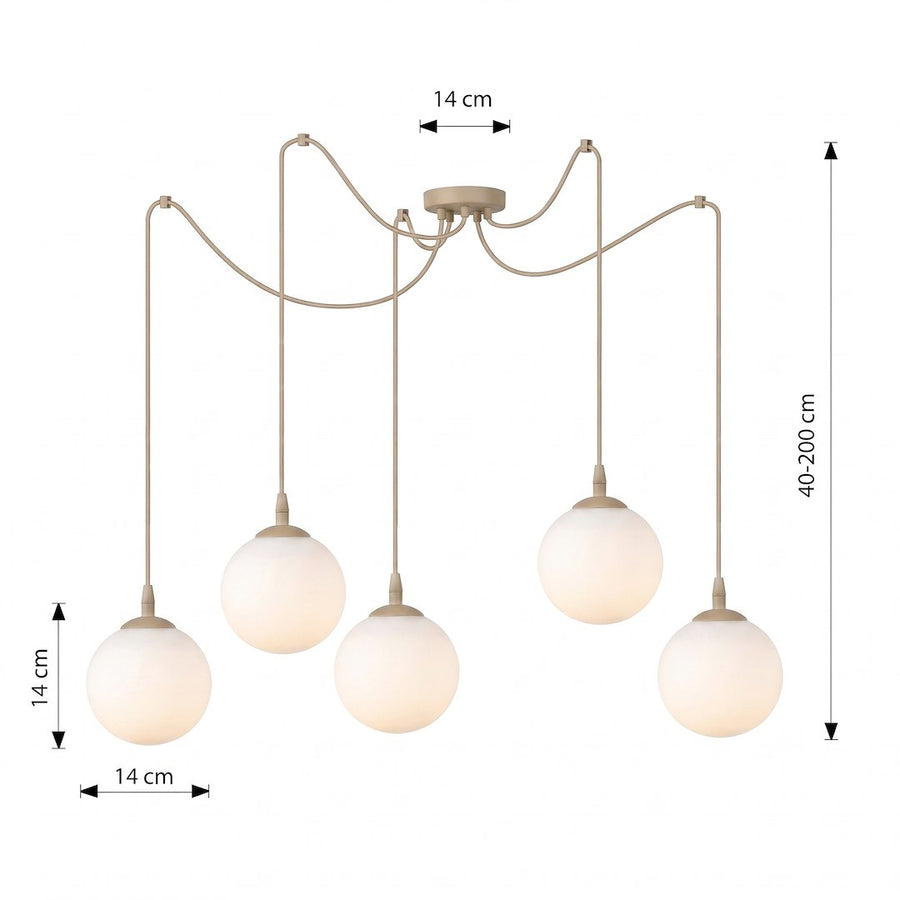 Schéma de dimensions : rosace 14 cm, globes 14 cm, hauteur réglable 40 à 200 cm
