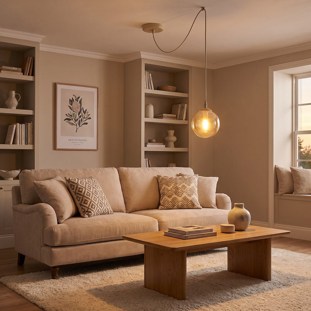 Suspension ambrée allumée dans un intérieur beige, bibliothèque et canapé en arrière-plan