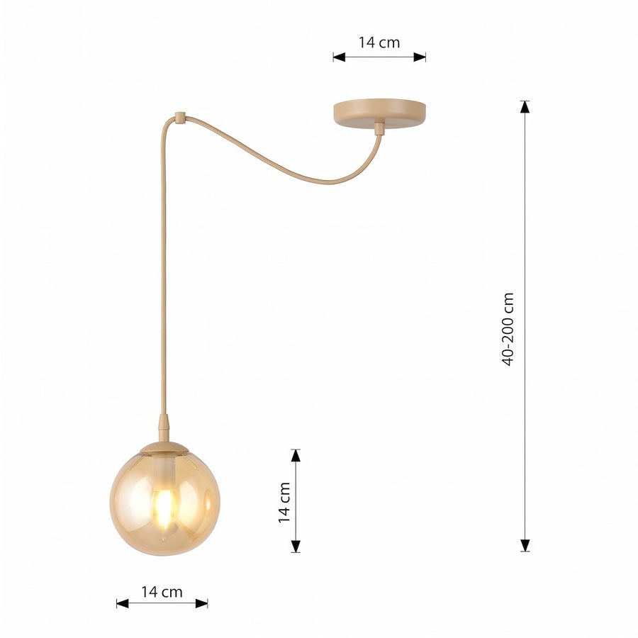 Schéma de dimensions indiquant 14 cm de diamètre et hauteur réglable de 40 à 200 cm