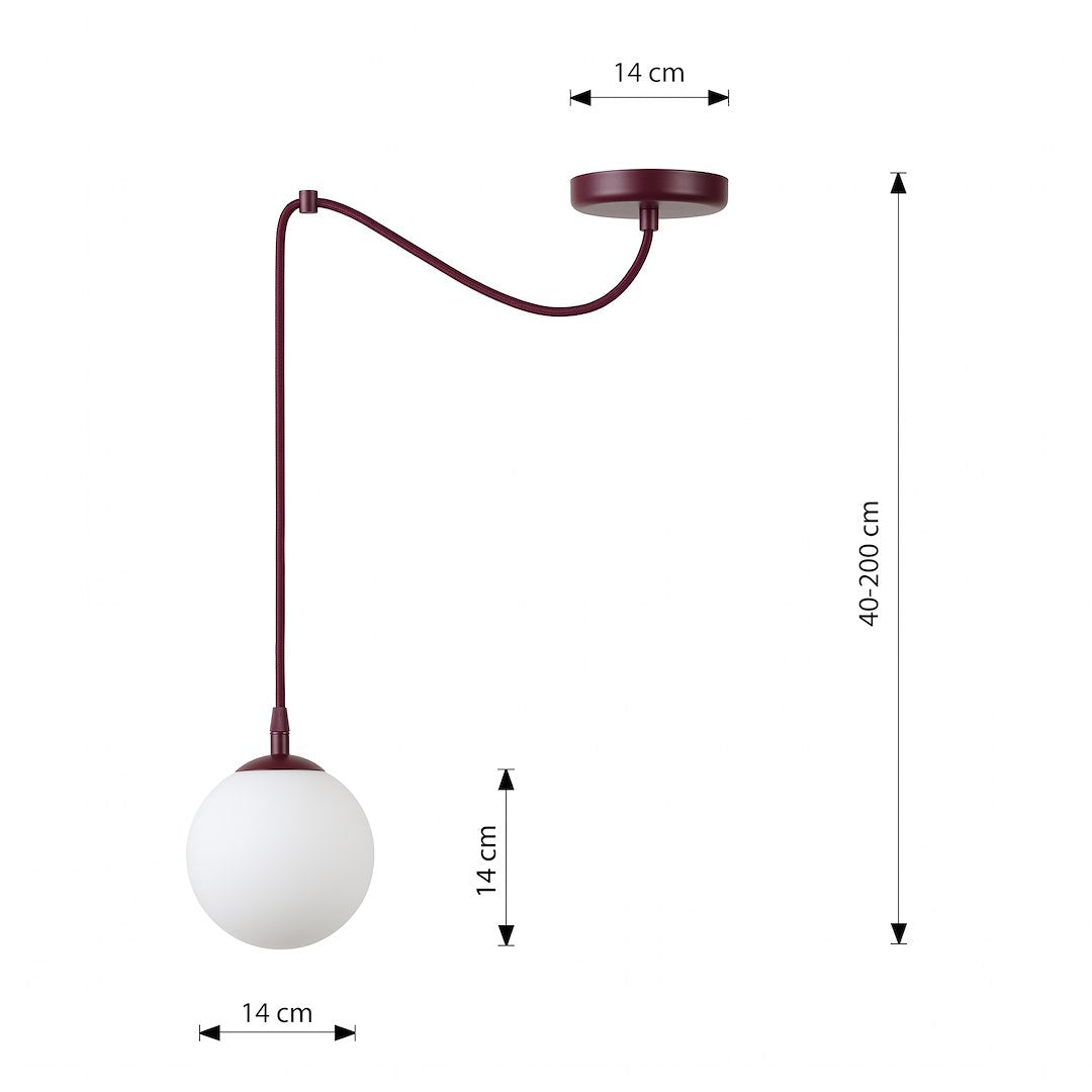 Schéma coté du luminaire : rosace 14 cm, globe 14 cm, hauteur réglable 40 à 200 cm