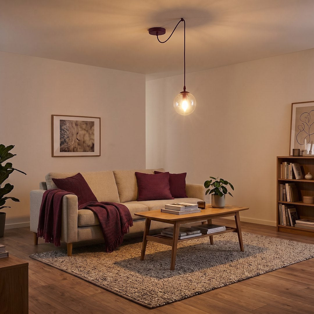 Ambiance chaleureuse le soir, suspension diffusant une lumière dorée sur le canapé