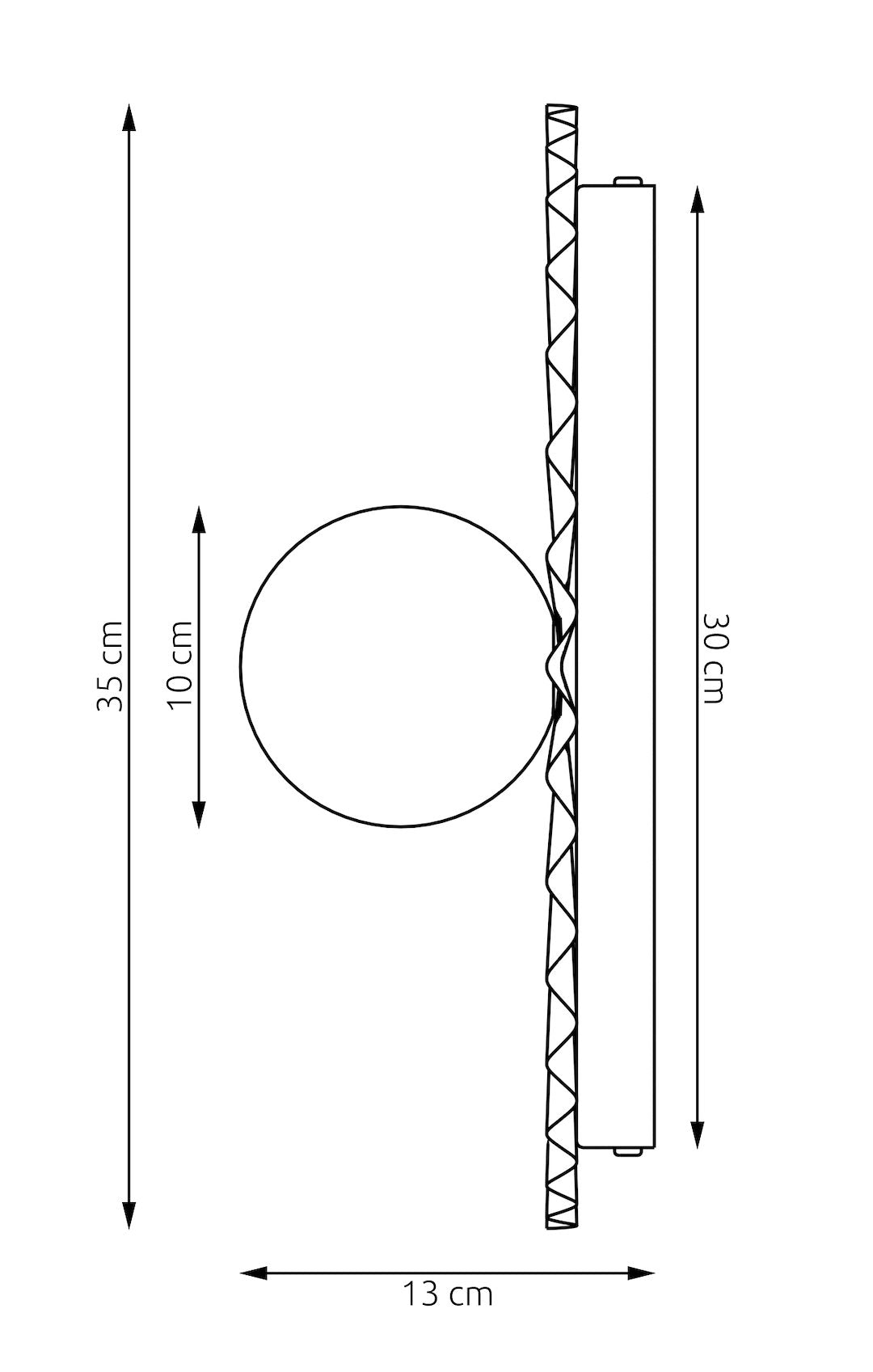 Schéma coté indiquant 35 cm de hauteur, 13 cm de profondeur, sphère 10 cm