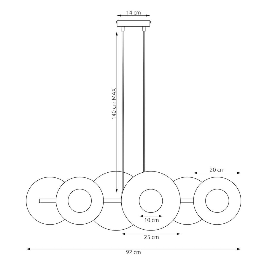 Schéma coté du luminaire, longueur 92 cm et hauteur maximale 140 cm