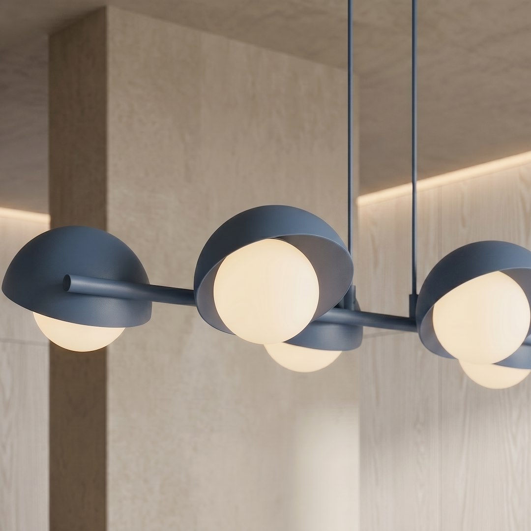 Détail rapproché des coupoles bleues et des globes de verre laiteux