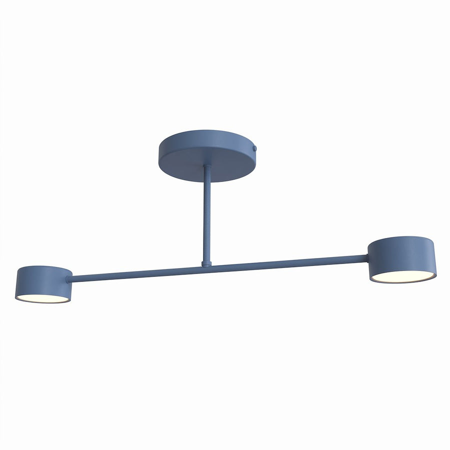 Plafonnier bleu vu de face, deux diffuseurs cylindriques sur un bras horizontal