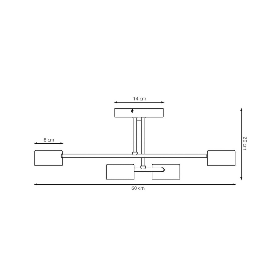 Schéma coté de profil : largeur 60 cm, hauteur 20 cm, base 14 cm