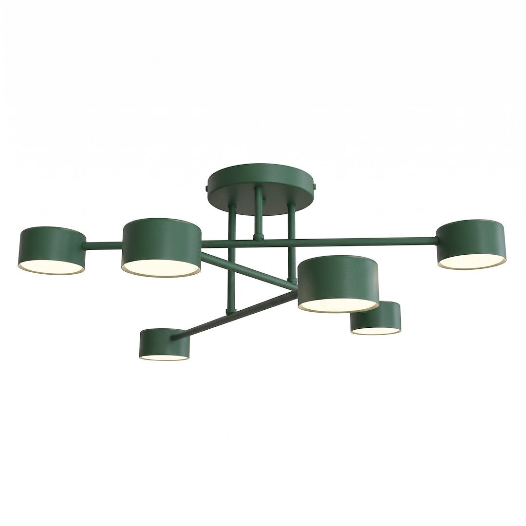 Plafonnier vert à six abat-jours cylindriques sur bras fins, vue produit de face sur fond blanc.