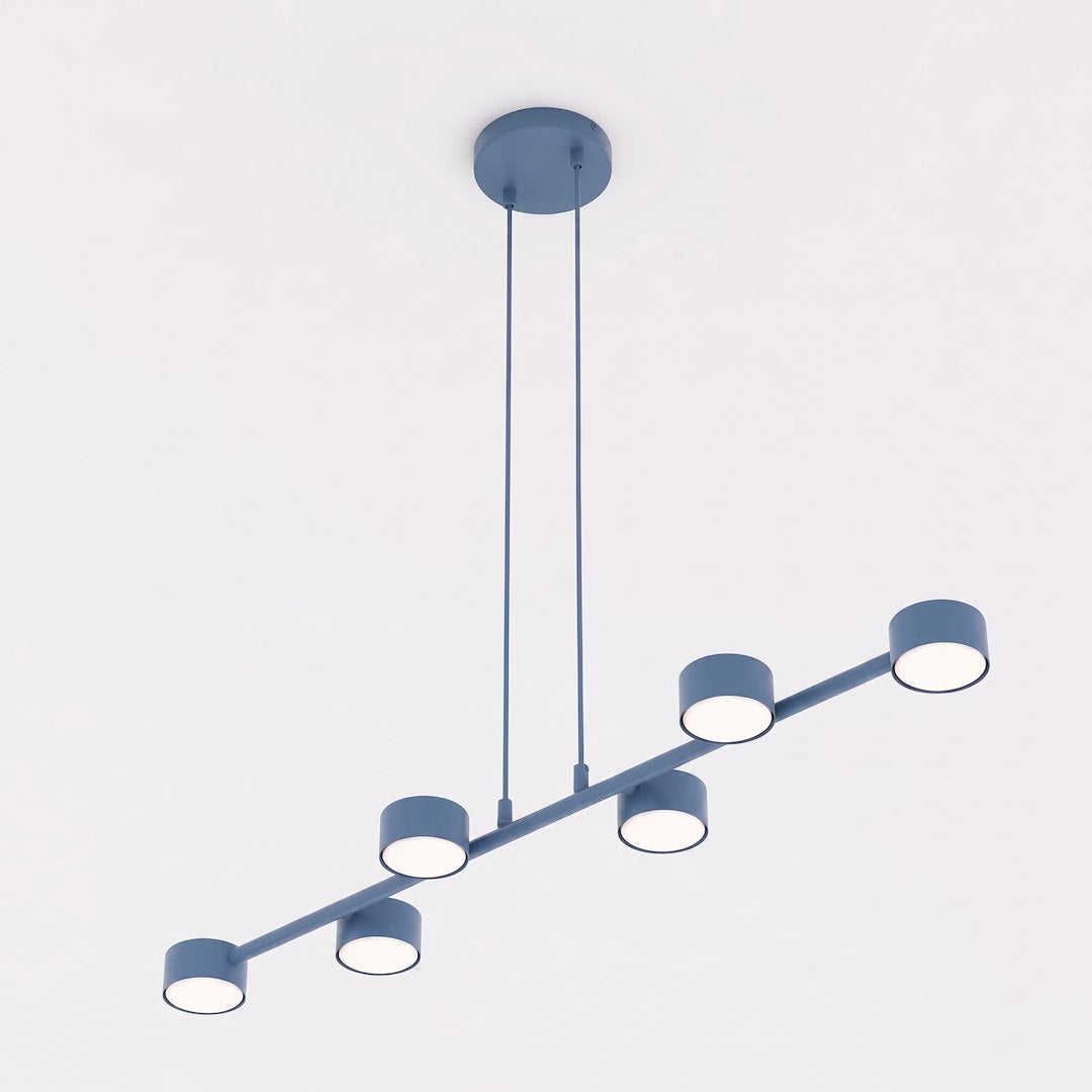 Autre angle montrant le rail bleu oblique et ses six coupelles éclairantes