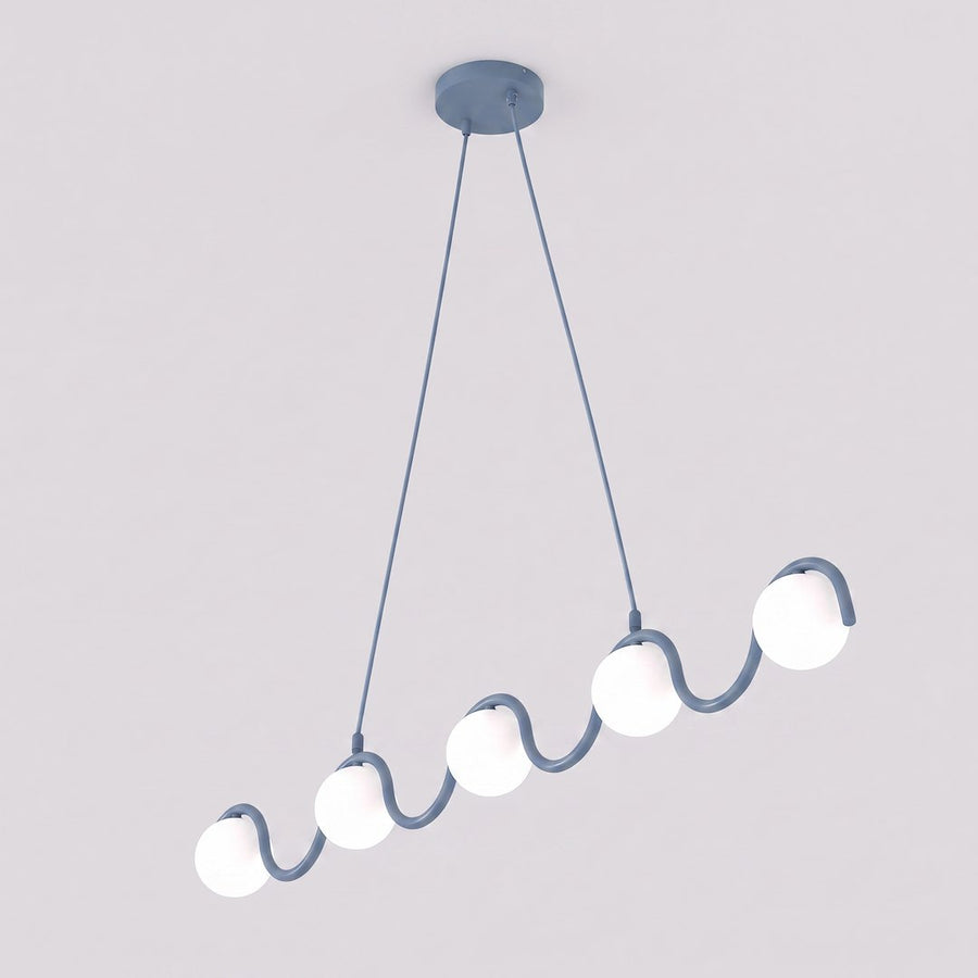 Vue produit de trois quarts, structure ondulée bleue et cinq globes de verre blanc