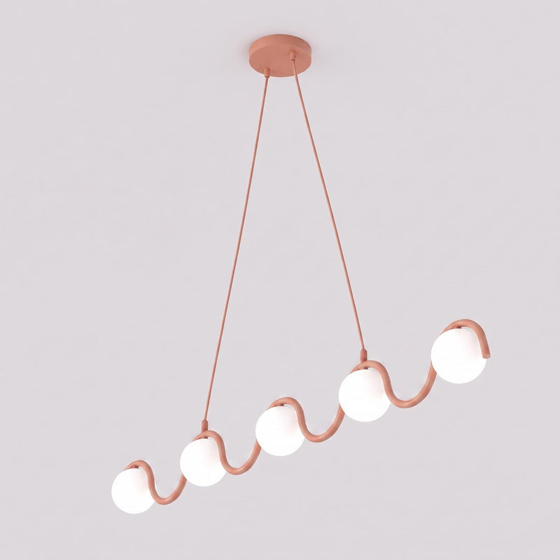 Suspension Sinus 5 lumières corail, verre blanc