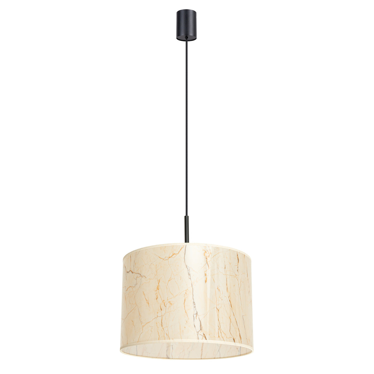 Suspension complète de face sur fond blanc, abat-jour cylindrique effet marbre beige.