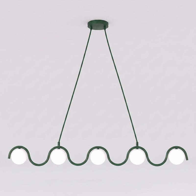 Suspension Sinus 5 lumières verte, verre blanc