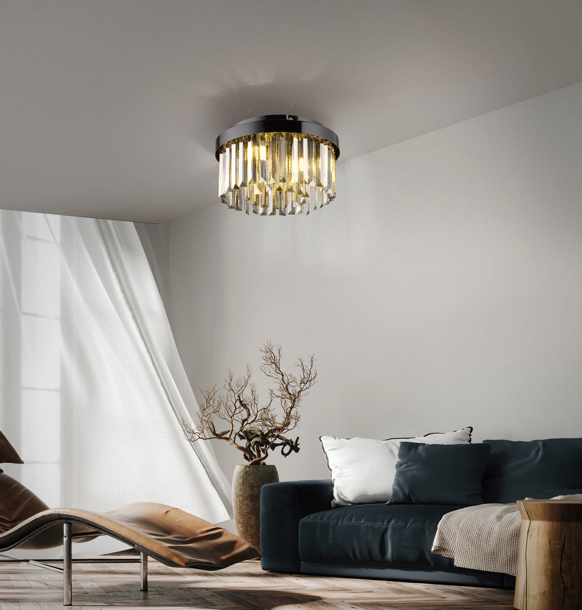Mise en ambiance du plafonnier allumé dans un salon moderne.