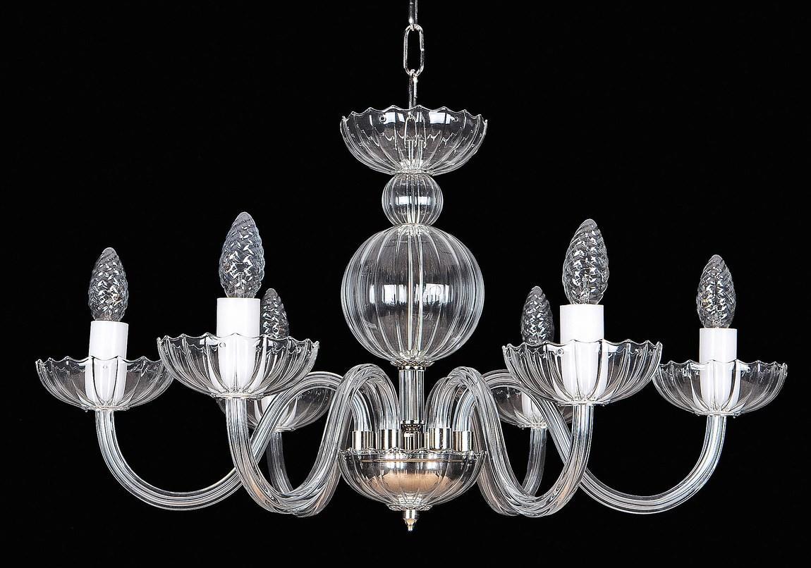 Lustre en verre transparent à six bras, boule centrale cannelée sur fond noir