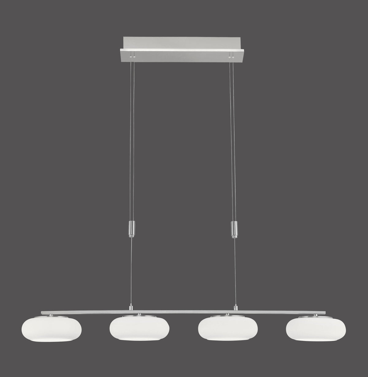 Vue de face de la suspension en acier avec quatre diffuseurs ovales blancs alignés.