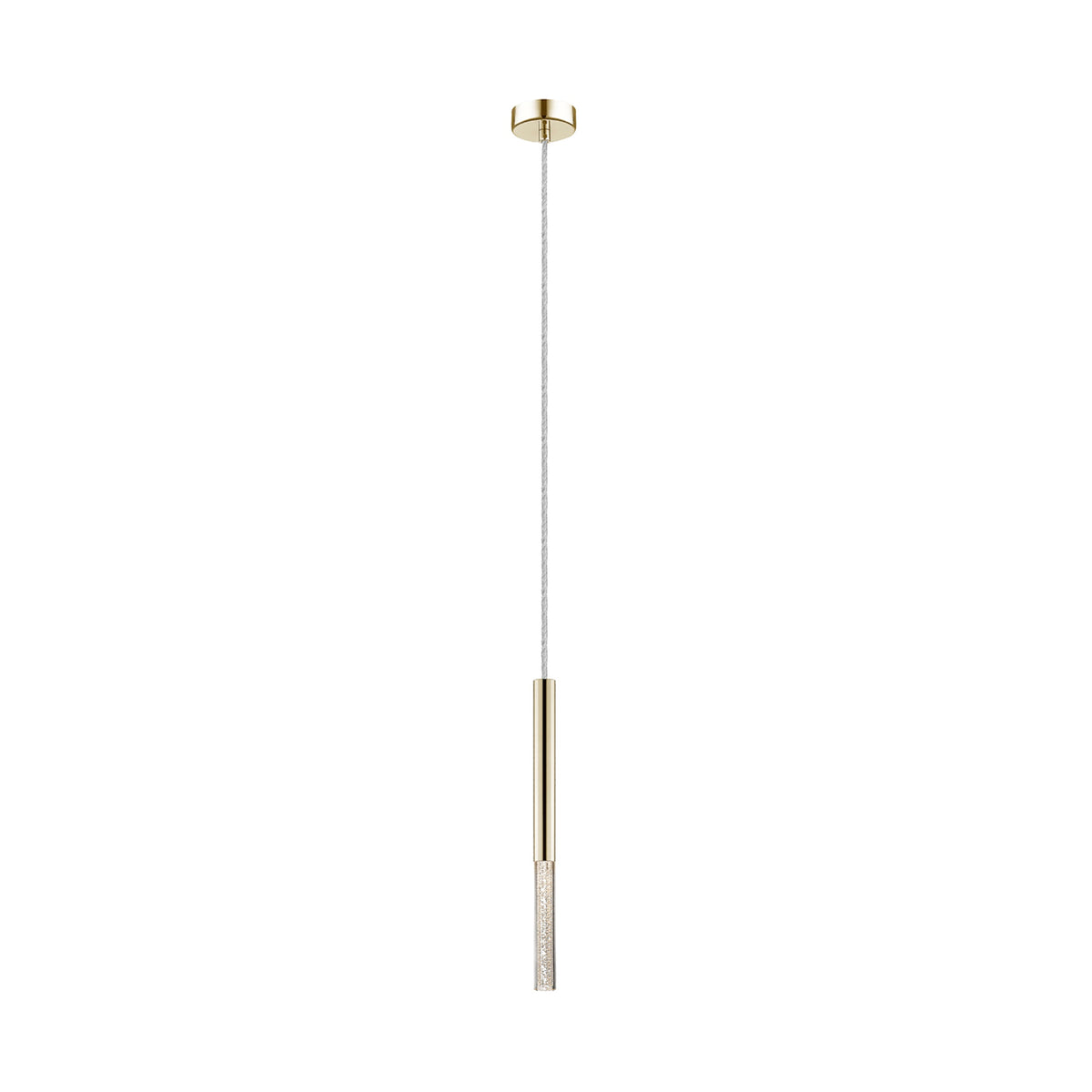 Suspension dorée verticale avec câble tressé et diffuseur transparent texturé, vue de face