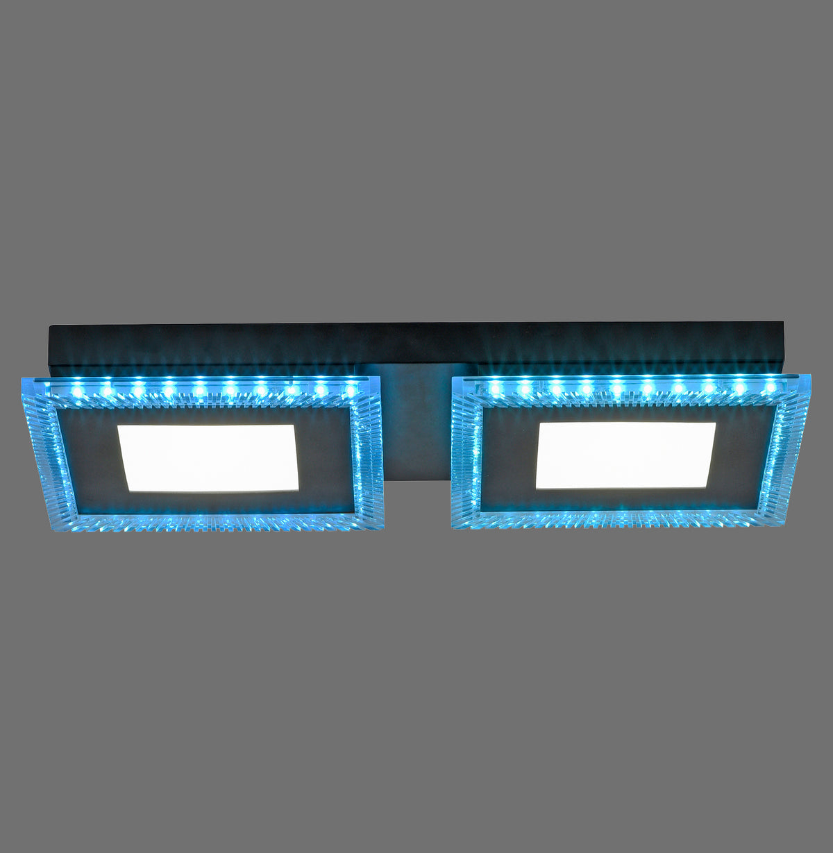 Plafonnier double vu de face, deux modules carrés noirs cerclés de cristal bleu lumineux