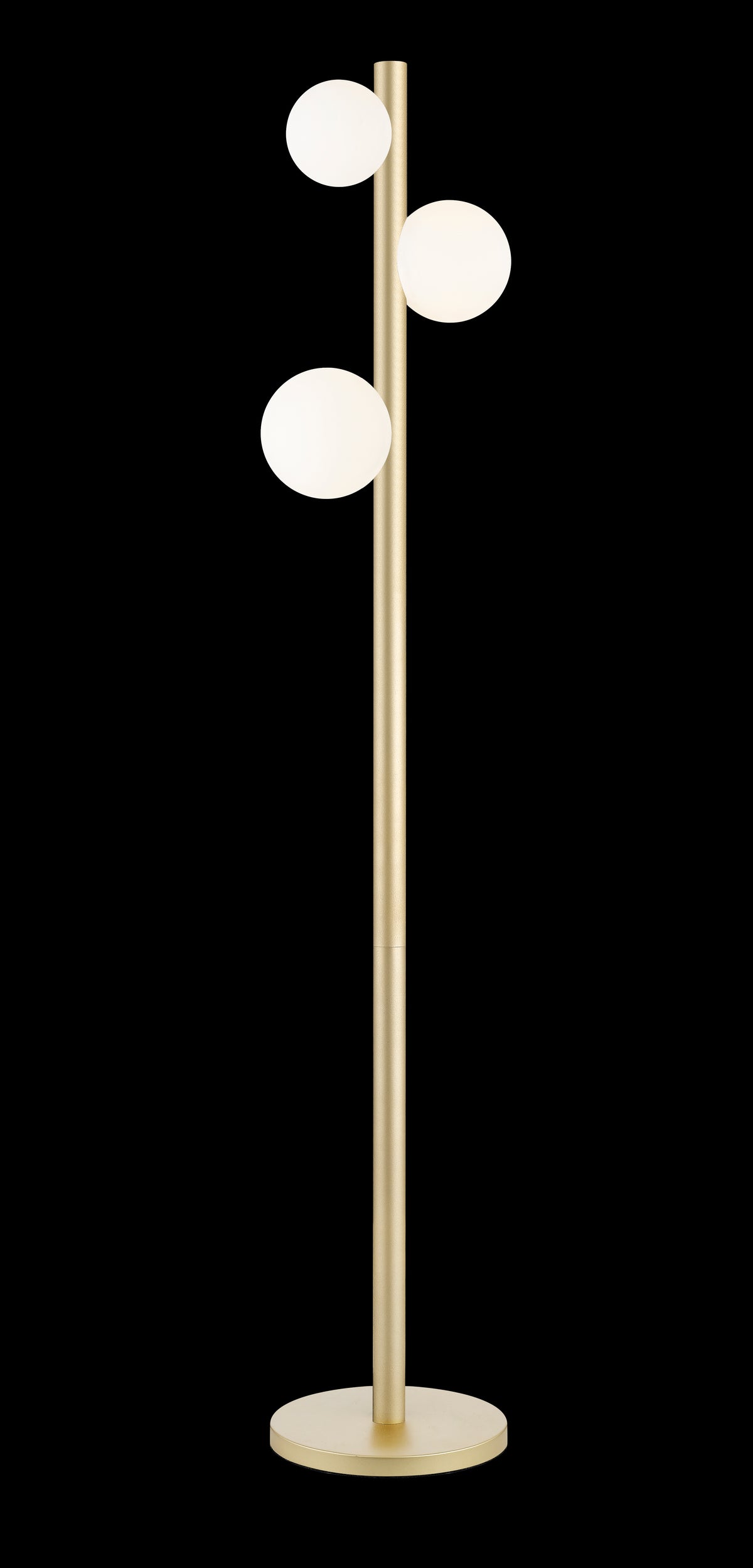 Lampadaire doré mat à trois globes de verre opalin sur tige verticale