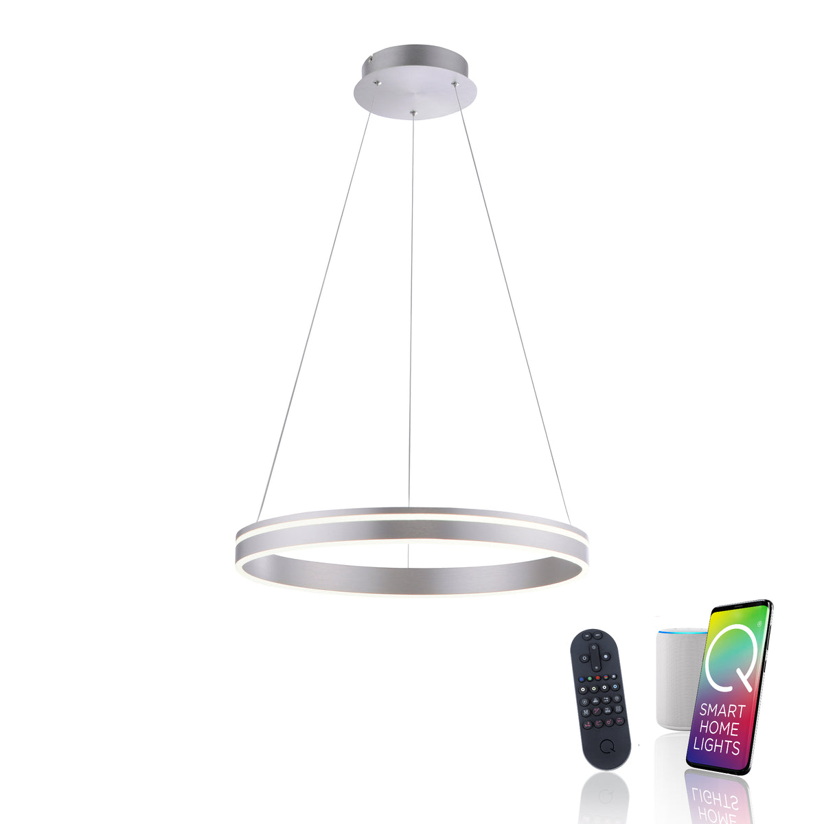 Luminaire suspendu entouré d'une télécommande, d'une enceinte connectée et d'un smartphone.