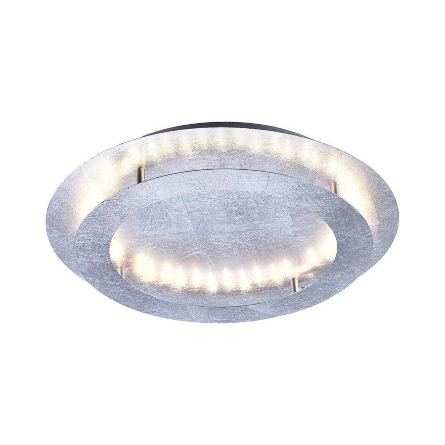 Photo produit sur fond blanc montrant le plafonnier rond argenté de face