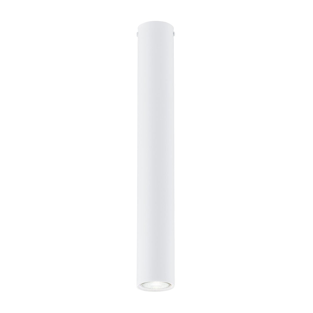 Luminaire cylindrique blanc vu de face sur fond blanc, format long et élancé