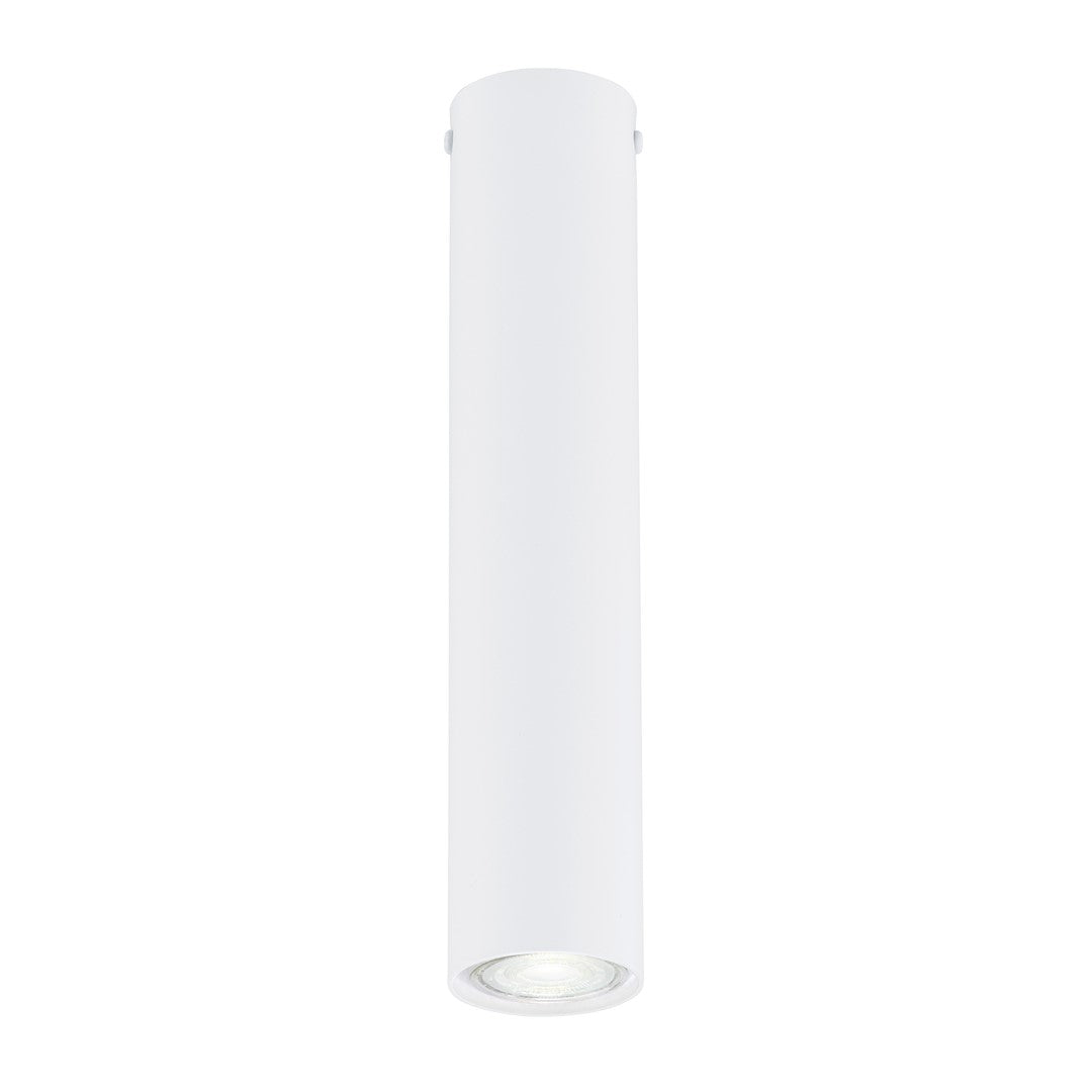 Luminaire cylindrique blanc vu de face sur fond blanc, spot en partie basse
